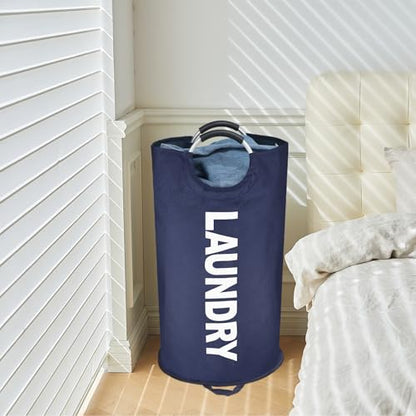 Maxsilan 90L Large Laundry Basket Bag, Collapsible Tall Hamper, Dark Blue - color: Dark Blue, size: 90L