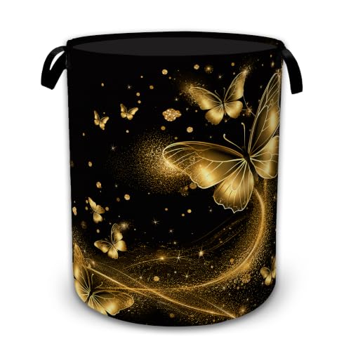 Golden Butterfly Sparkle Collapsible Laundry Hamper for Bedroom, Freestanding Oxford Clothes Basket, Large Foldable Storage Bin with Easy-Carry Handles for Bathroom Dorm Laundry Room - color: Golden Butterfly Sparkle