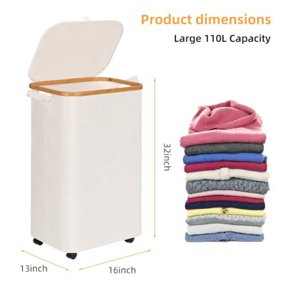 Slim Laundry Hamper with Wheels 110L with Removable Wash Bag White