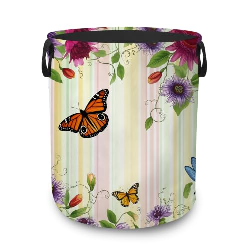 Butterfly Dragonfly Portable Laundry Hamper,Passion Flower Collapsible Clothes Basket with Handles,Waterproof Oxford Cloth Organizer for Dorm Bedroom Bathroom Nursery,16 x 20 Inch - color: Butterfly Dragonfly,Passion Flower