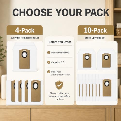 4pcs Dust Bags For Uninell UR3 Robot Vacuum Cleaner Accessories, Meltblown Non Woven 3.5 Litres Large Capacity Dust Bag, Automatic Emptying Replacement Parts(4pcs) - size: 4pcs