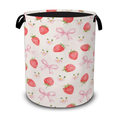 Strawberry Laundry Basket,Pink Bow Flower Foldable Oxford Laundry Hamper with Handles,Collapsible Clothes Storage Bucket Tote Bag for Laundry Room,Bathroom,Bedroom,Dorm - color: Strawberry Pink Bow Flower