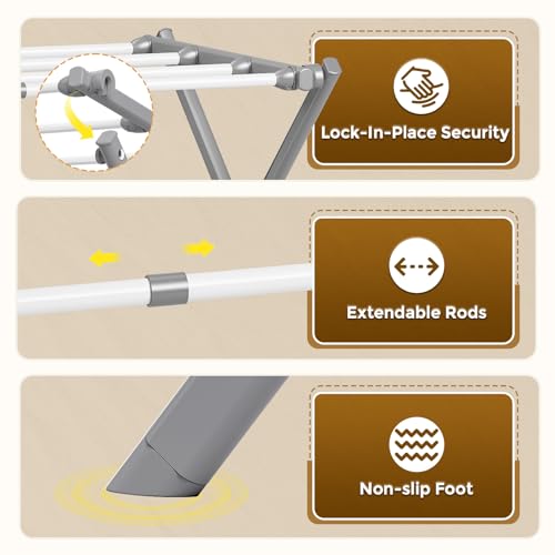 KINGBOARD 3-Tier Extendable Clothes Drying Rack, Foldable, White & Grey - color: White&grey
