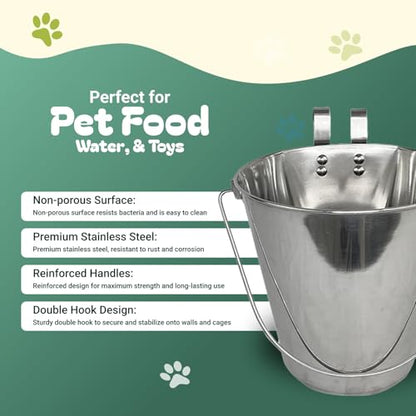 Advance Pet Products 4 Quart Stainless Steel Bucket with Dual Hook | Perfectly Fits on Kennels, Cages and Critter Crates | Heavy Duty Bucket for Pets Cleaning & Food Prep - Flat Sided Pail - size: 4 Quart - Hooked