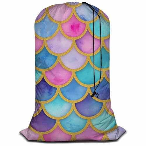 Swono Extra Heavy Duty Laundry Bag Mermaid Scales, Watercolor Fish Scale Half Circle Geometric Animal Skin X-Large Dirty Clothes Drawstring Bag, Washable Laundry Liner for Hamper, Camp, Colorful - color: Mermaid Scales