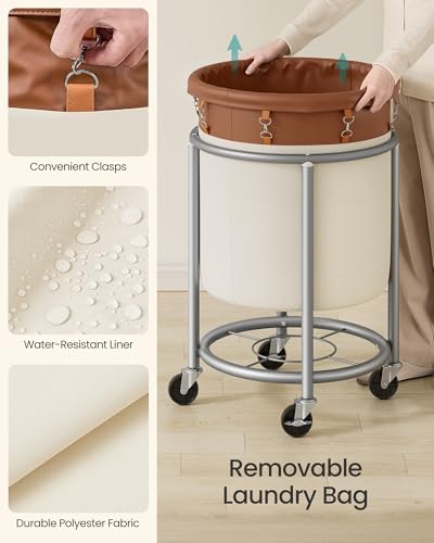 SONGMICS Laundry Basket with Wheels, 29 Gal., Steel Frame, Removable Bag - color: Coffee Brown + Cream White, size: 110 L (1-Section)
