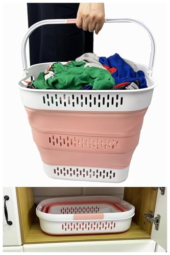 SAMMART 40L (10.5 Gallon) Collapsible Plastic Laundry Basket with Handles - Foldable Pop Up Storage Container/Organizer - Portable Laundry Hamper - Space Saving (1, Grey/Quartz Pink) - color: Grey/Quartz Pink