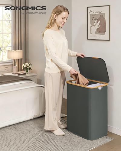 SONGMICS Laundry Hamper with Lid, 140L Laundry Basket, Bamboo Frame - color: Slate Gray, size: 140 L (2-Section)
