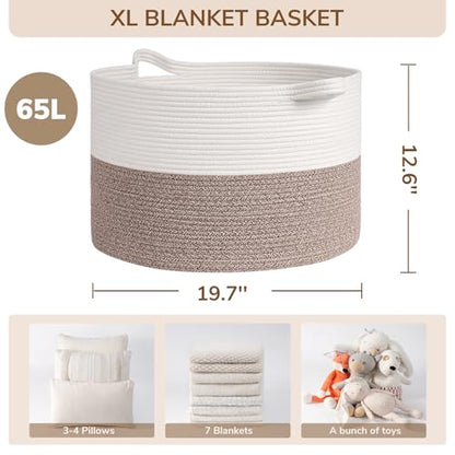 INDRESSME Large Woven Rope Blanket Basket Living Room Brown, 65L - color: White & Brown, size: 19.7"D x 12.6"H