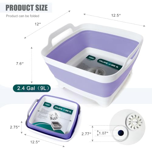FOSJGO Collapsible Dish Basin with Drain Plug, Foldable Sink, 2.4 Gal (9L) - color: Purple
