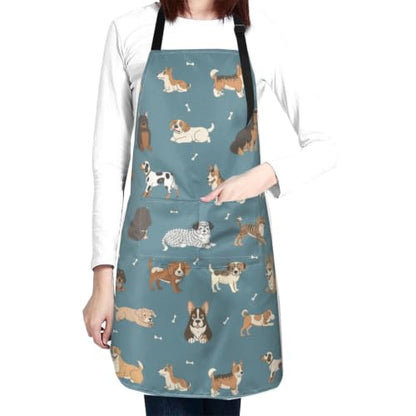 Perinsto Waterproof Apron With 2 Pockets Kitchen Chef Aprons Bibs For Cooking Baking Painting Gardening Grooming - color: Dog Blue