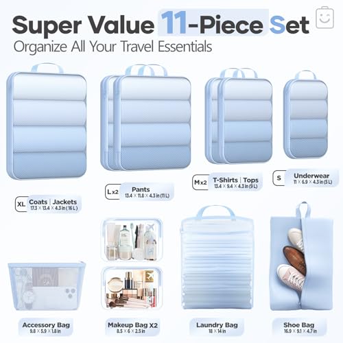 Veken 11 Set Compression Packing Cubes Garment Bags for Travel Essentials,Compressible Expandable Luggage Organizer Bags for Clothing,Space Saver Bags with Over 1000 pcs of Mesh Holes(Light Blue) - color: Light Blue, size: 11 set
