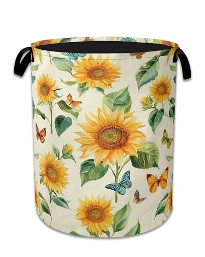 Vintage Sunflowers Laundry Hamper With Handle,Foldable Oxford Cloth Butterfly Flower FLaundry Basket,20.8"x16" Clothes Storage Basket for Laundry Room Bedroom Bathroom - color: Vintage Sunflowers Butterfly Flower
