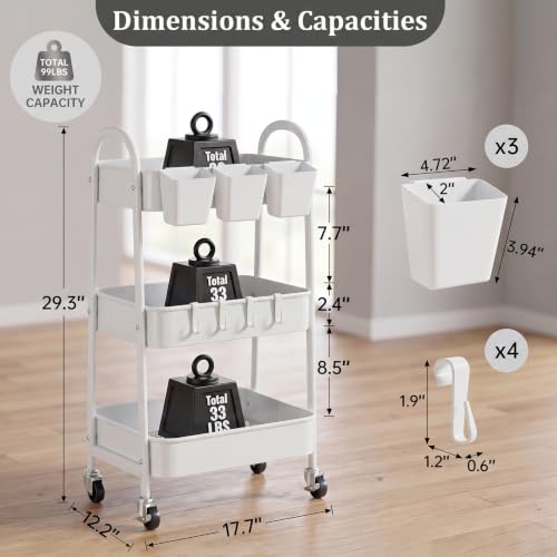 danpinera 3-Tier Rolling Cart, Utility Cart Mobile Metal Rolling Storage Cart with Lockable Wheels & Hanging Cups & Hooks for Kitchen, Bathroom, Office, Workshop, White - color: White, size: 3 tier