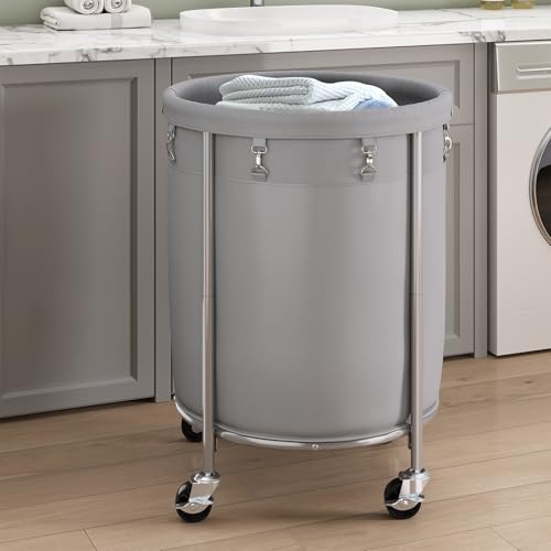 ELYKEN Laundry Basket with Wheels, Round Rolling Laundry Hamper, Gray - color: Gray, size: 190L
