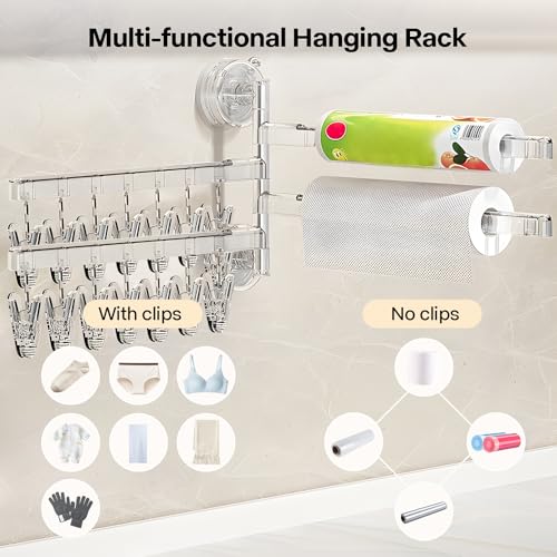 180 Rotating 4 Tier Clothes Drying Rack with 28 Clips, Wall Mounted Clothes Hanger with Suction Cups for Drying Socks, Baby Clothes, Bras, Underwear, Hat, Scarf, Towels, Gloves