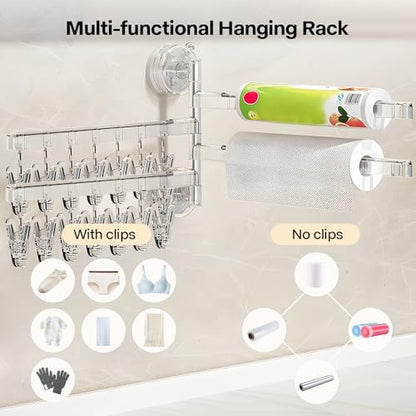 180 Rotating 4 Tier Clothes Drying Rack with 28 Clips, Wall Mounted Clothes Hanger with Suction Cups for Drying Socks, Baby Clothes, Bras, Underwear, Hat, Scarf, Towels, Gloves