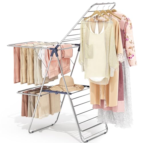 APEXCHASER Large Stainless Steel Clothes Drying Rack with 4 Wings - color: Regular Blue, size: 4 Wings