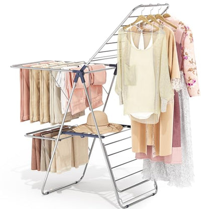 APEXCHASER Large Stainless Steel Clothes Drying Rack with 4 Wings - color: Regular Blue, size: 4 Wings