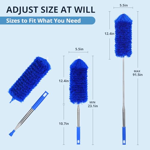 ZZ LAZYCOTTAGE Microfiber Feather Duster with Bendable Head, Dusters for Cleaning, Extendable Microfiber Duster, Long Reach Dusting Tool for High Ceilings, Ceiling Fans, Blinds, Cobweb - color: Blue