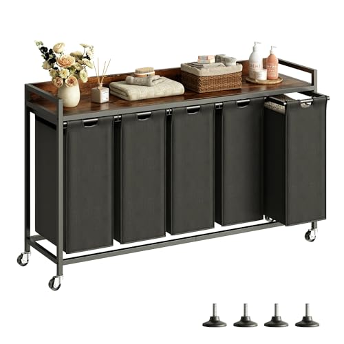 Herture Laundry Hamper with Shelf, Laundry Basket 5 Section, Laundry Sorter with Pull-Out Removable Large Bags and Movable Wheels, Metal Frame, 5 x 15.87 Gallons (60L), Rustic Brown + Black PF08XLY - color: Rustic Brown + Black, size: 5 Bags-300 L
