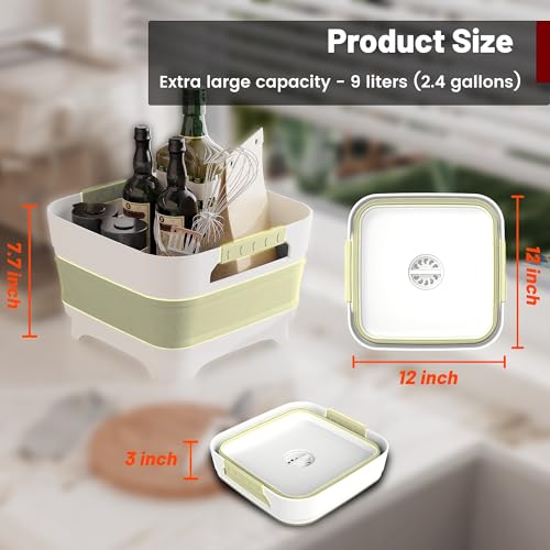 MontNorth 2.4 Gal Collapsbile Wash Basin with Drian Plug,9L Dish Pan for Soaking Baby Bottles,Portable Sink, Multiuse Foldable Bucket,Ice Beverage Tubs for Camping, Vegetable Washing, RV (Green) - color: Green