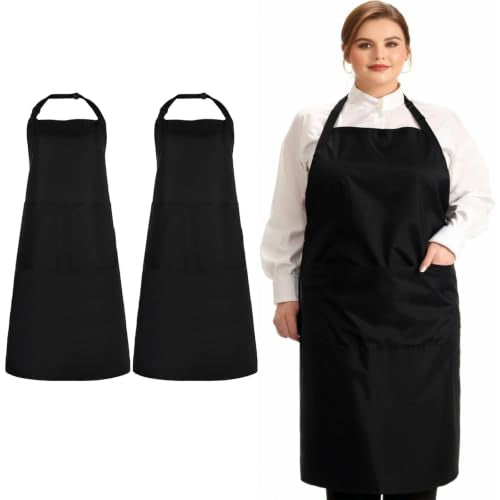 Plus Size Apron with 2 Pocket for Chef Kitchen Cooking Work, 2 Pack - color: Black