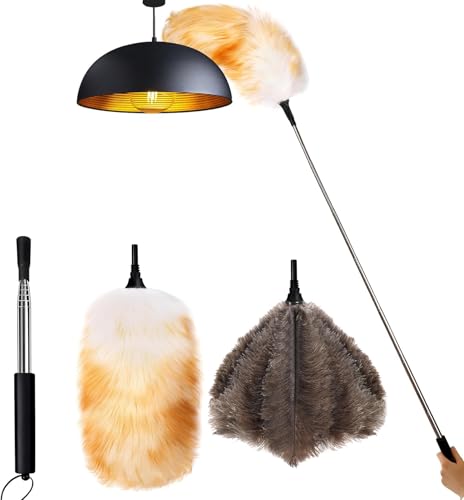 Lambswool Feather Duster with Extension Pole up to 57.5inch,Extendable Feather Duster Used for Cleaning High Ceiling Fan, High Ceilings,Furniture,Hard to Reach Areas - size: 2pack 23.6-58inch