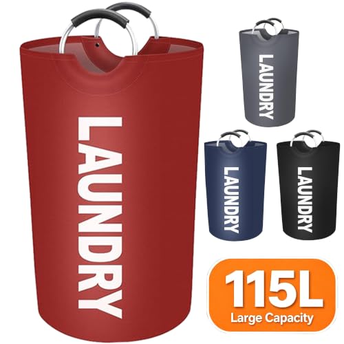 Vivicreate 115L Large Laundry Basket, Tall Collapsible Laundry Hamper with Aluminum Handles, Foldable Freestanding Clothes Storage Bin for Bedroom, Dorm, Bathroom (RED) - color: RED