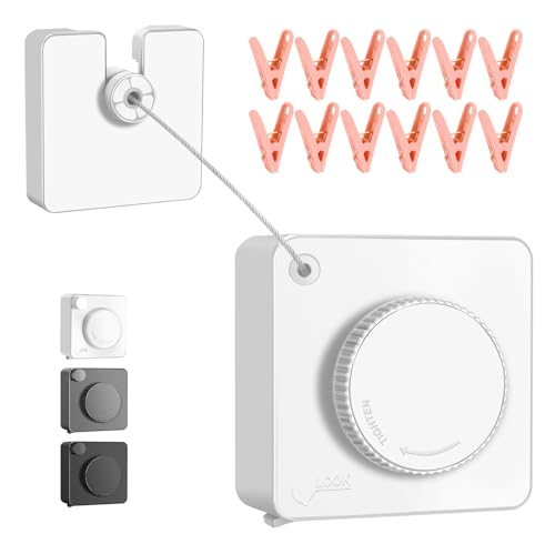 15.7Ft Retractable Clothesline Indoor is Also an Anti-sag Retractable Clothesline Outdoor,Stainless Steel Wire Laundry line Retractable for Drying Clothes ，with 12 Clip (White) - color: White