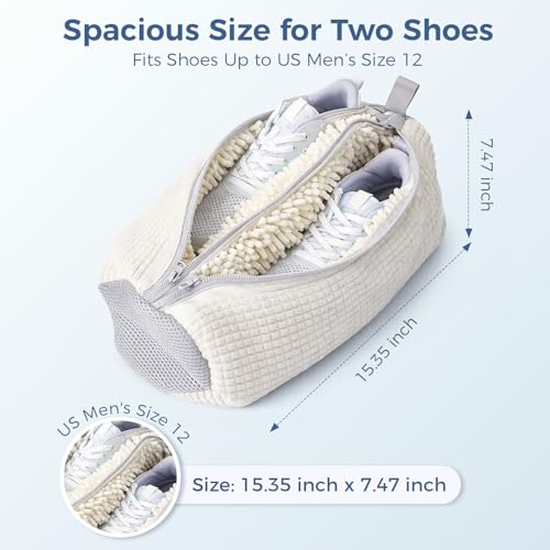 Shoe Washing Machine Bag for Sneakers, Double Compartment Shoe Laundry Bag with Chenille Microfiber, Durable Mesh Shoe Wash Bag for Washer & Dryer, Sneaker Cleaner for Running, Tennis & Kids Shoes - color: White