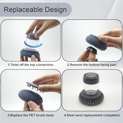 Dish Scrubber with Soap Dispenser, Steel Wool Scrubber with Replaceable Steel Wool, Transparent Cleaning Solution Reservoir, Cast Iron Cleaning Kit with Cast Iron Scraper for Cleaning Pans, Grills
