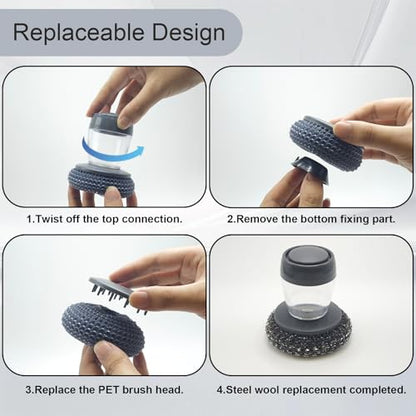 Dish Scrubber with Soap Dispenser, Steel Wool Scrubber with Replaceable Steel Wool, Transparent Cleaning Solution Reservoir, Cast Iron Cleaning Kit with Cast Iron Scraper for Cleaning Pans, Grills