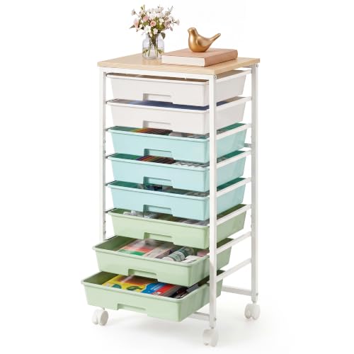 VASAGLE Rolling Cart with Drawers, Craft Organizers and Storage - color: Green + White, size: 8 Drawer