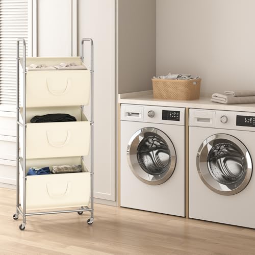 ELYKEN 3-Tier Vertical Rolling Laundry Hamper with Wheels & Removable Bags - color: Creamy