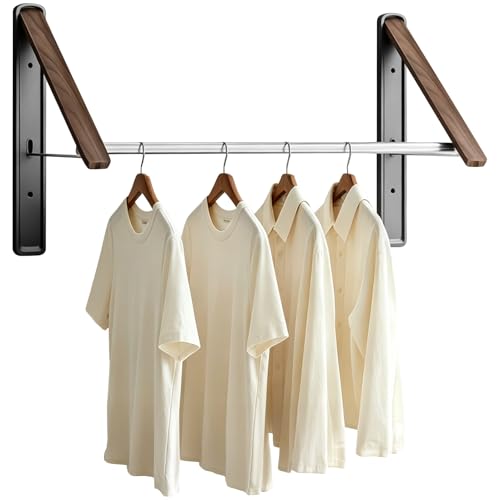 Wall Mounted Retractable Clothes Drying Rack, Walnut Foldable Hanger, Space Saving Laundry Organizer with 2 Brackets and 1 Rod, Ideal for Laundry Room, Dorm, Closet & Balcony