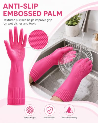 Disfore Rubber-Gloves Dishwashing Gloves for Cleaning-Kitchen - 2 Pairs Long Household Cleaning Gloves for Washing Dishes - color: Pink, size: X-Large