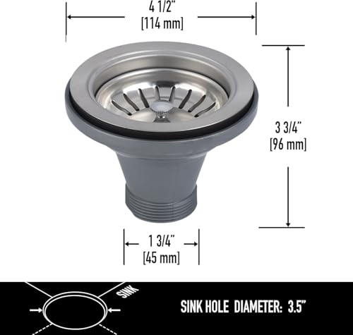 4.5 Inch Kitchen Sink Drain Assembly - Premium Stainless Steel with Sliding Flange & Removable Basket Strainer, Chrome Finish, Fits 1-1/2" Pipe, with cUPC Certified