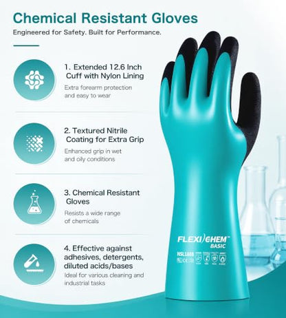JDL Heavy-Duty Nitrile Chemical Gloves with Nylon Lining, Black Sandy Finish, Reusable Rubber Work Gloves, Acid/Alkali/Oil Protection, Non-Slip, Medium - size: Medium