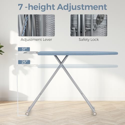 COSTWAY Foldable Ironing Board, 57" x 16.5" Heavy-Duty Ironing Stand w/ 7 Adjustable Heights, Iron Rest, Resistant Fabric, Sturdy Metal Legs, Compact & Space Saver Iron Table for Home, Laundry Room