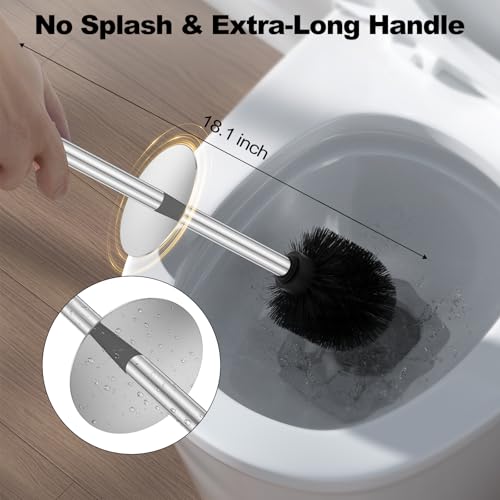 Silver Toilet Brush and Holder Set，Stainless Steel Heavy Duty Toilet Bowl Brush，Extra Long Handled Modern Toilet Cleaner Brush with Replaceable Head, Removable Inner Bowl, and Splash Protection - color: Silver