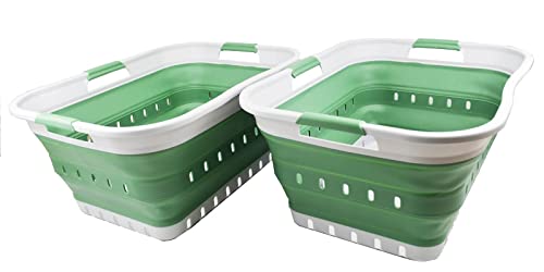 SAMMART 42L (11 gallon) Collapsible Plastic Laundry Basket - Foldable Pop Up Storage Container/Organizer - Portable Basket - Space Saving Hamper/Basket (Grey/Dark Sea Green (Set of 2)) - color: Grey/Dark Sea Green (Set of 2)