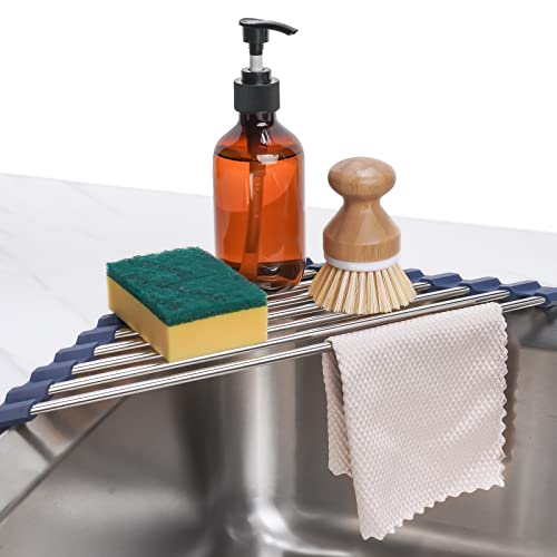 Tomorotec Triangle Roll-Up Dish Drying Rack for Sink Corner Small Foldable Stainless Steel Over The Sink Multipurpose Kitchen Drainer Caddy Organizer Storage Shelf Holder (Deep Blue) - color: Deep Blue