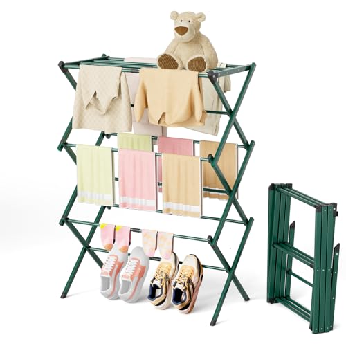 BAKON Space Saving Foldable Clothes Drying Rack, Extendable Rustproof Laundry Rack for Indoor Outdoor Use, No Assembly Required, Suitable for Bathroom Laundry Room Apartment RV, Green - color: Green