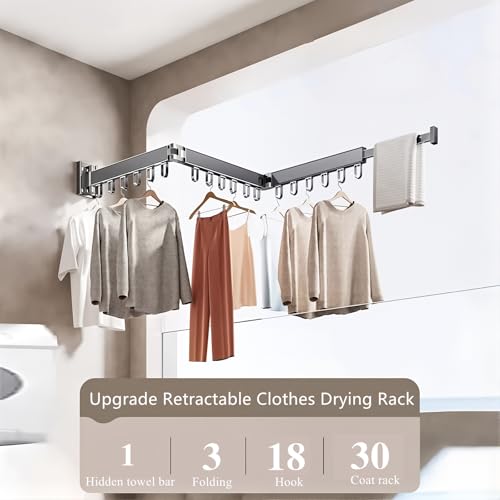 Wall Mounted Foldable Clothes Drying Rack with 18 Hooks, No-Drill, Black - color: Black