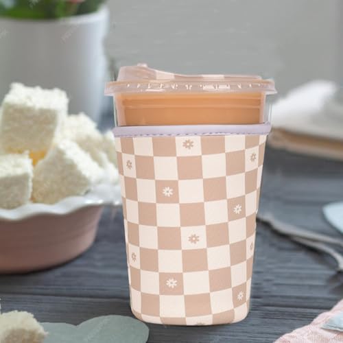 Reusable Insulated Neoprene Iced Coffee Cup Sleeve, Durable Drink Sleeve for Cold Beverages, Beverage Holder for Iced Coffee (Floral Checkers) - color: Floral Checkers