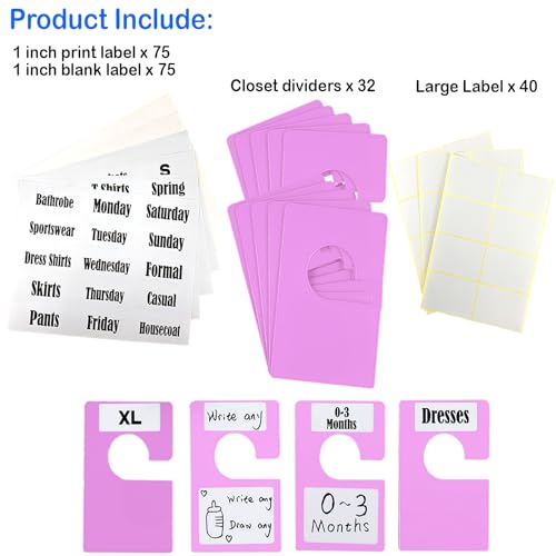32 Pack White Clothing Rack Size Dividers Plus 75 Labels (1 Inch) and 30 Large Blank Labels, Large Rectangular Clothing Closet Dividers (Purple) - color: Purple, size: 32 PACK