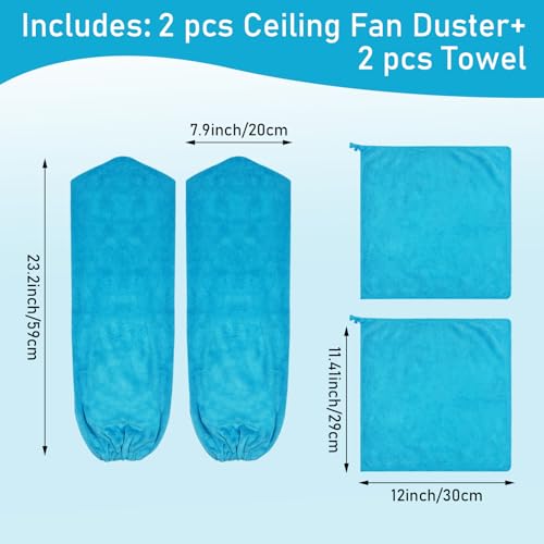 4 PCS Ceiling Fan Duster Kits,100% Microfibre Fan Blade Cleaner for high Ceiling Fan Blades.Machine Washable and Reusable,Includes 2 Ceiling Fan dusters and 2 Microfibre Towels (Blue) - color: Blue