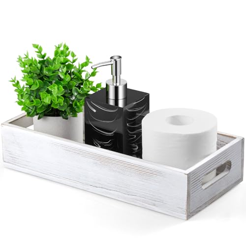 ALELION White Bathroom Basket - Wooden Toilet Tank Paper Basket with Handle for Organizing - Back of Toilet Storage Organizer for Bathroom Tank Topper Counter - color: Rustic white, size: 14 Inch