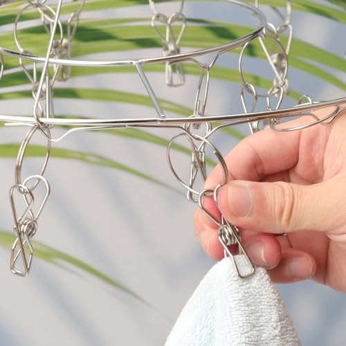 6 Pack 13 inch Round Stainless Steel Drying Rack with 20 Clips, Swivel Sock Drying Rack with Windproof Clips, Stainless Steel Clothes Hanger for Bras, Clothes, Sock & Underwear Towels - size: 6 Pack
